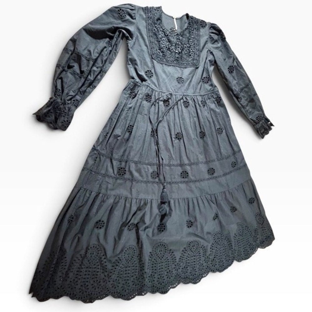 Free People Black Eyelet Lace Midi Dress Long Sleeve Boho Embroid. S Halloween